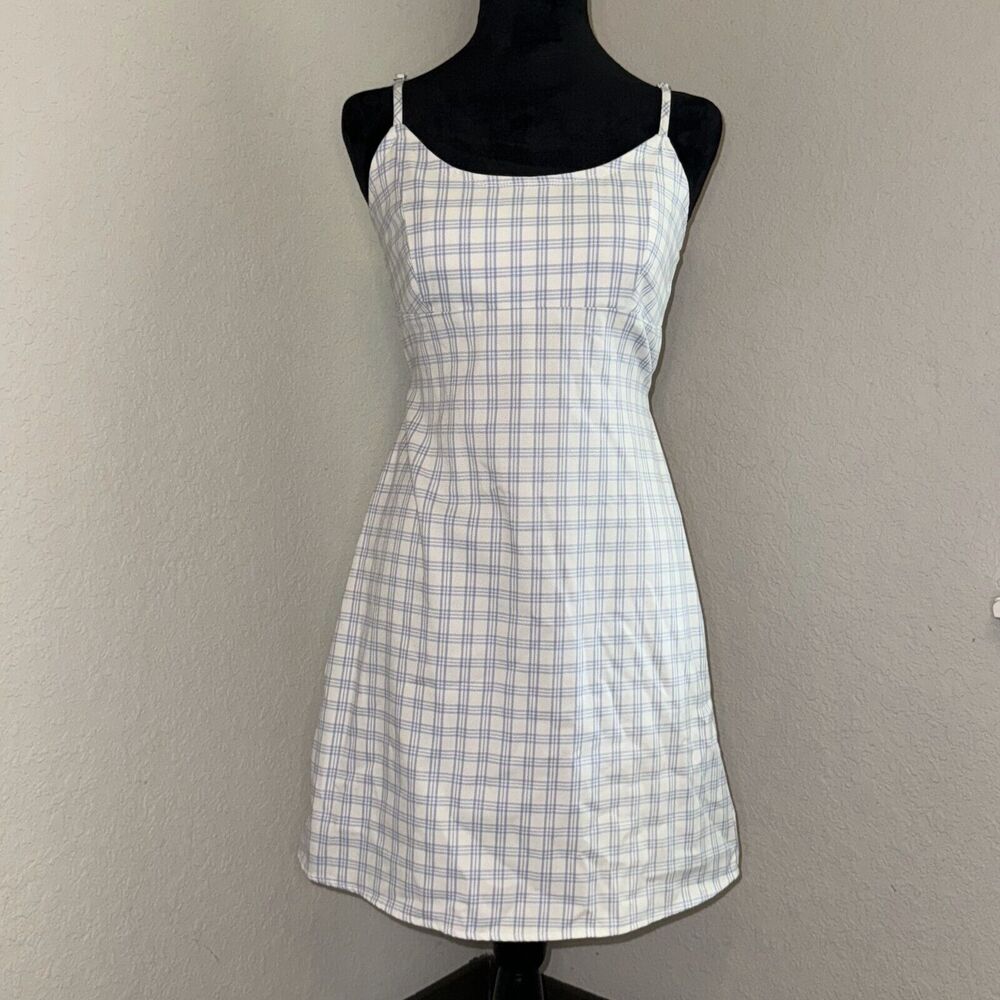 John Galt Mini Fit & Flare Dress Women's White Blue Plaid Straps Belted Back Zip